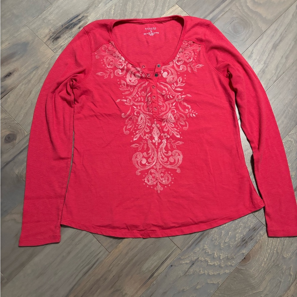Sonoma Women's Red Long Sleeve Tee with Floral Design